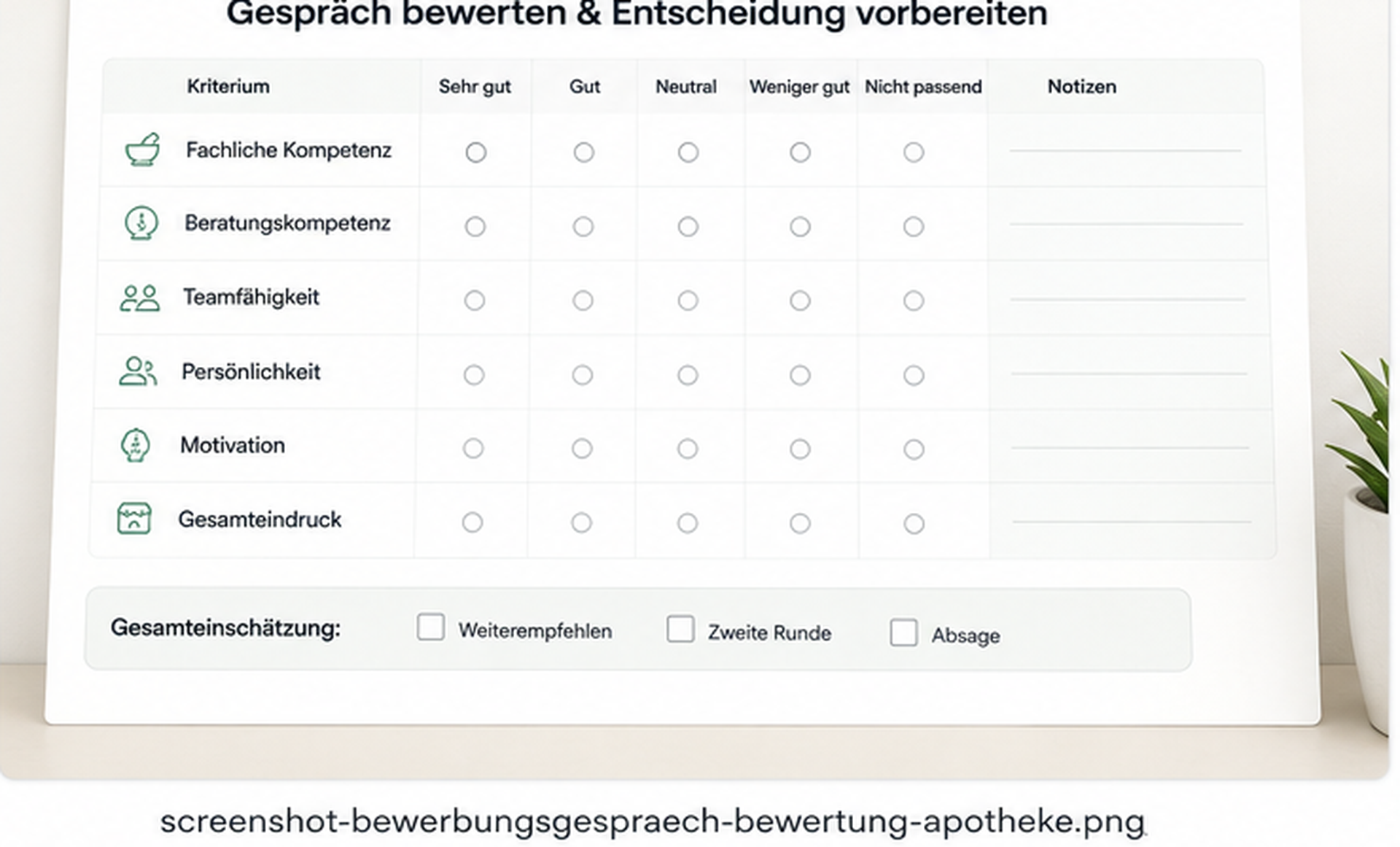 Screenshot eines Gesprächsleitfadens für Bewerbungsgespräche in Apotheken