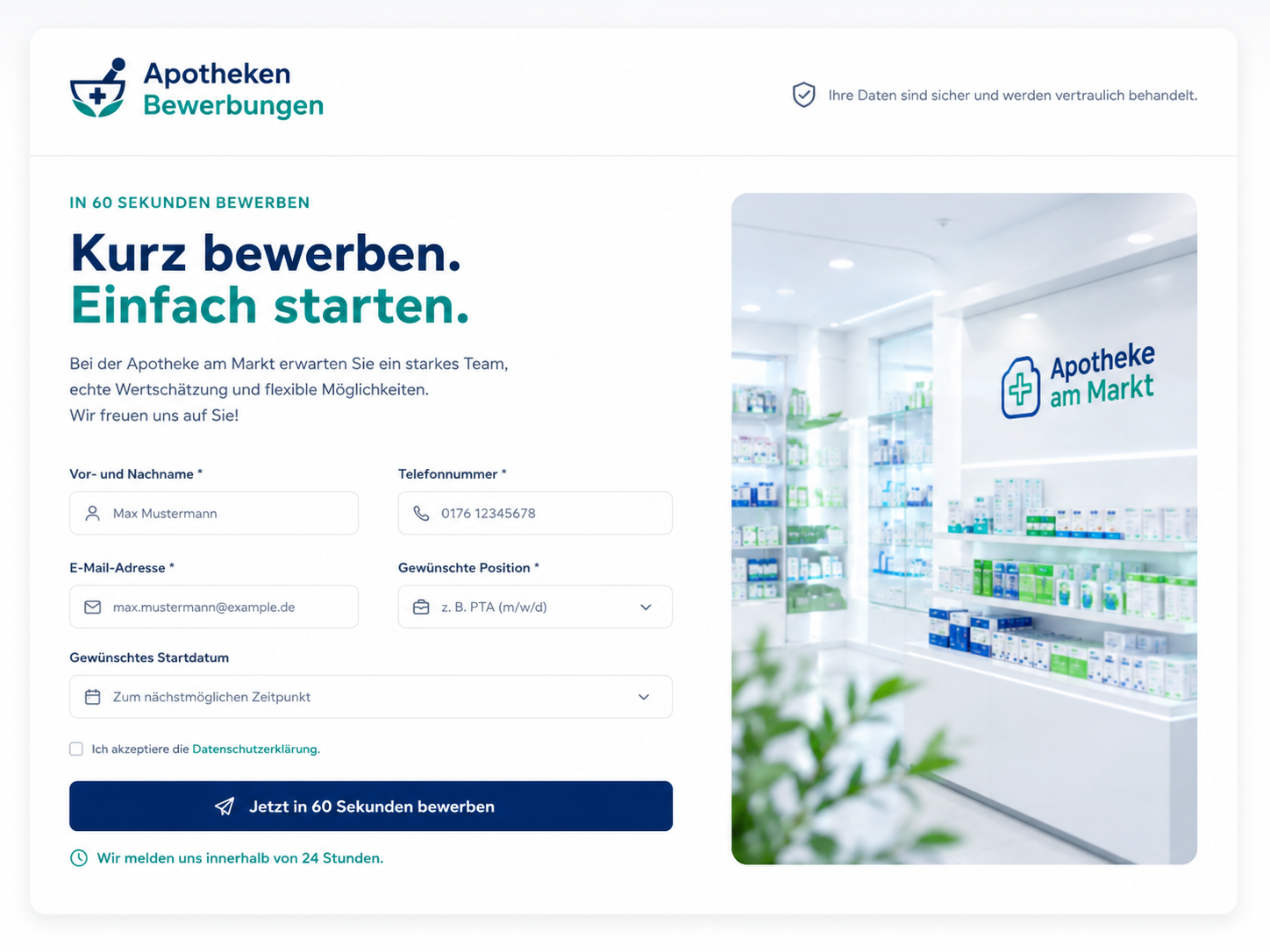 Screenshot eines vereinfachten Bewerbungsprozesses für Apotheken