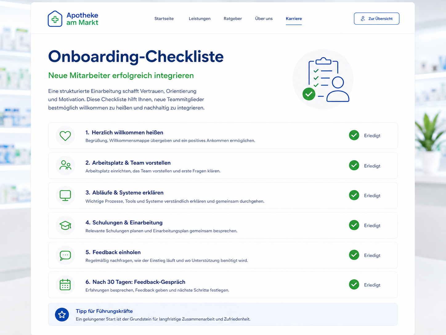 Screenshot einer Onboarding-Checkliste für Apotheken