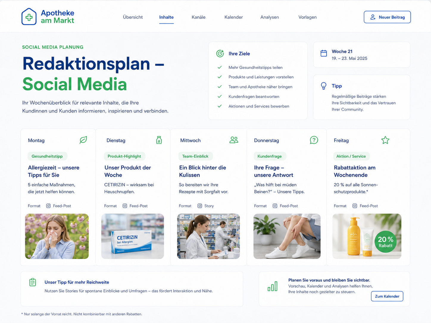 Screenshot eines Social-Media-Redaktionsplans für Apotheken
